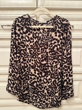 Leopard Print V-Neck Blouse - Black and Cream